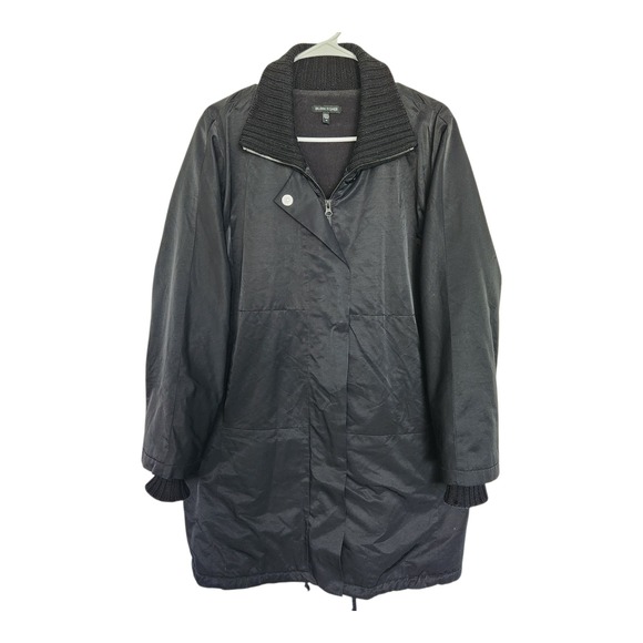 Eileen Fisher Black Cotton Blend Zip Up Coat Merino Wool Trim Womens Cozy Fall - Picture 1 of 9